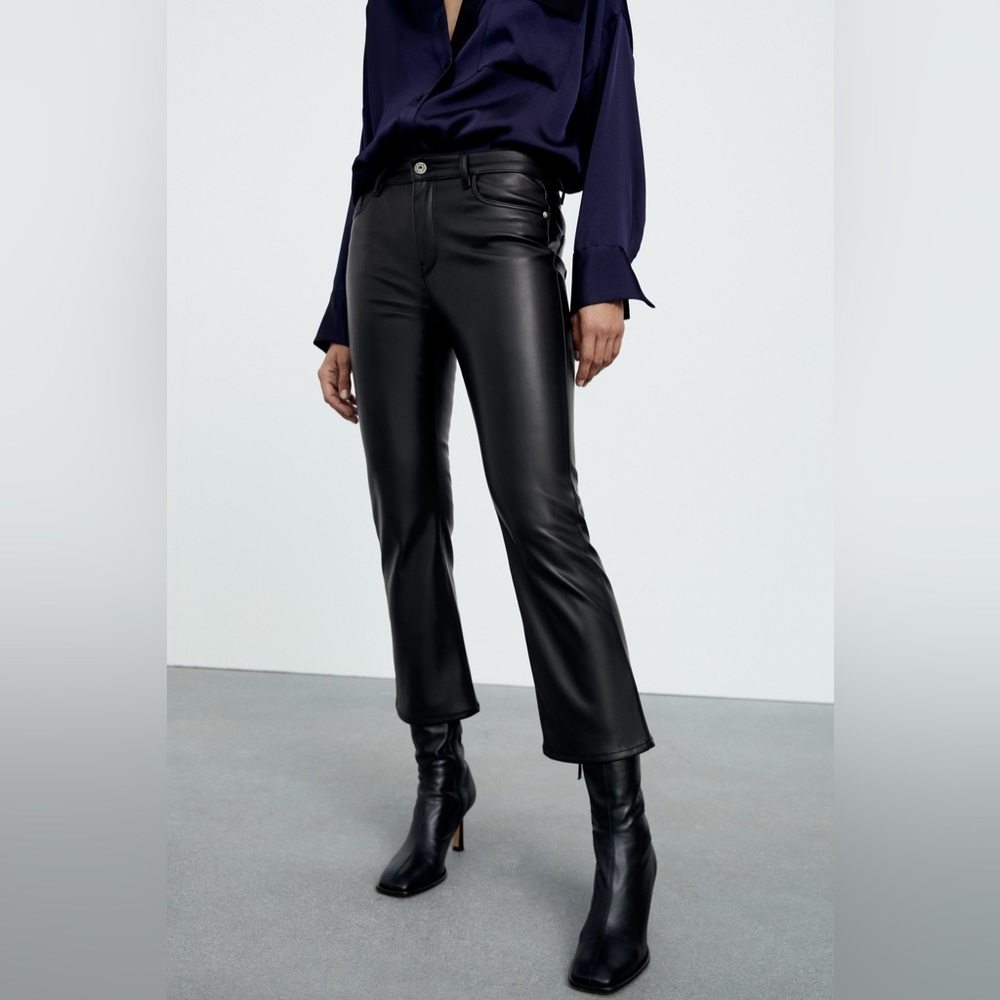 NWT ZARA FAUX LEATHER MINI FLARED PANTS BLACK